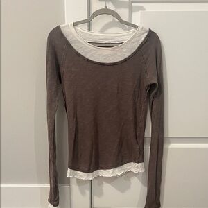 We the Free Grey/Brown and White Long Sleeve Women's Top
